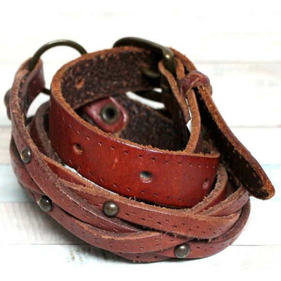 STUDDED BRAIDED BROWN GENUINE LEATHER 0.5"Wd CASUAL DRESS WOMEN'S BELT Sz M (T44 - Picture 4 of 7